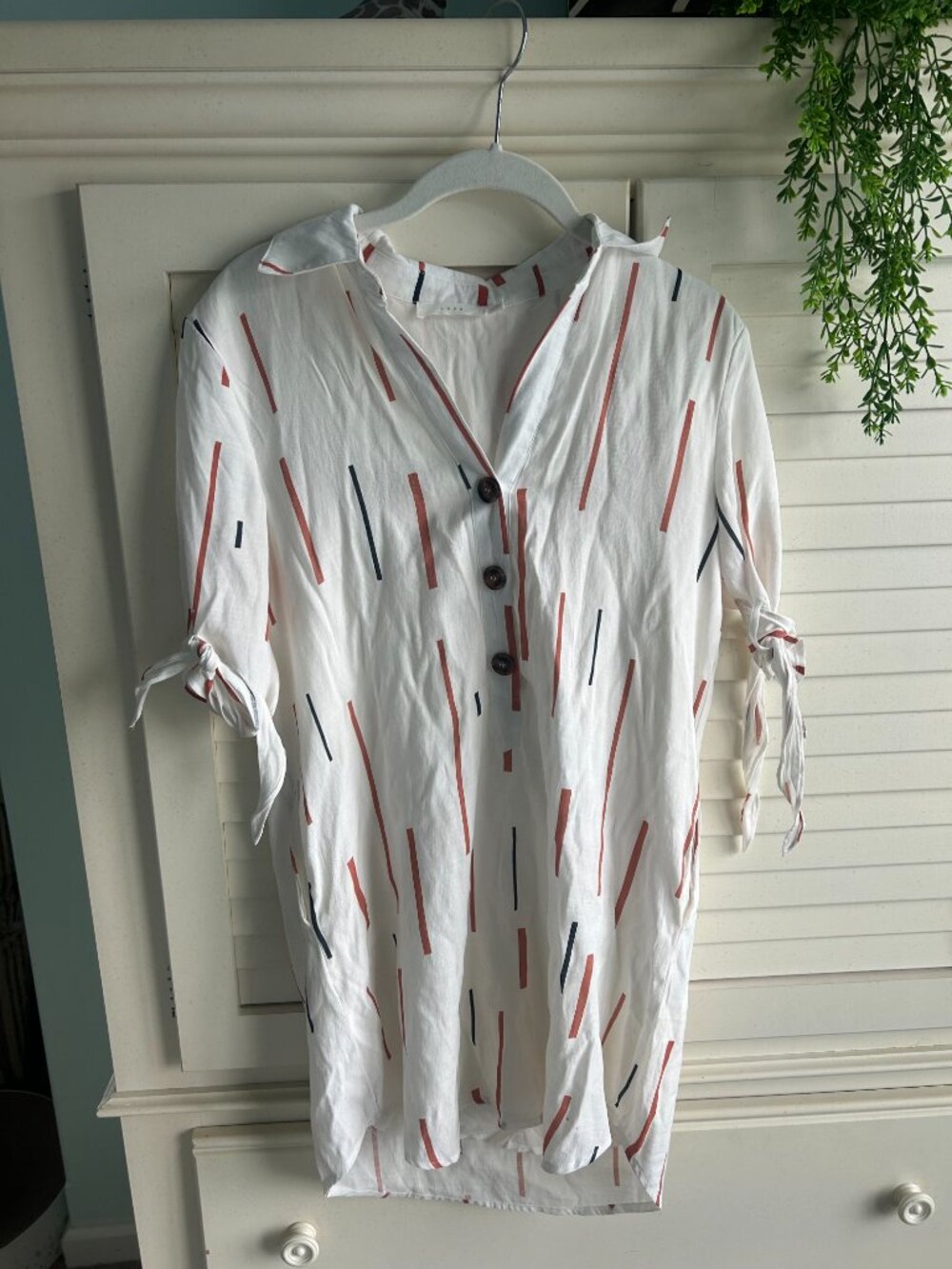 Lush Front Button Lined Mini Dress, Pockets, Tie Sleeves and Line Print
